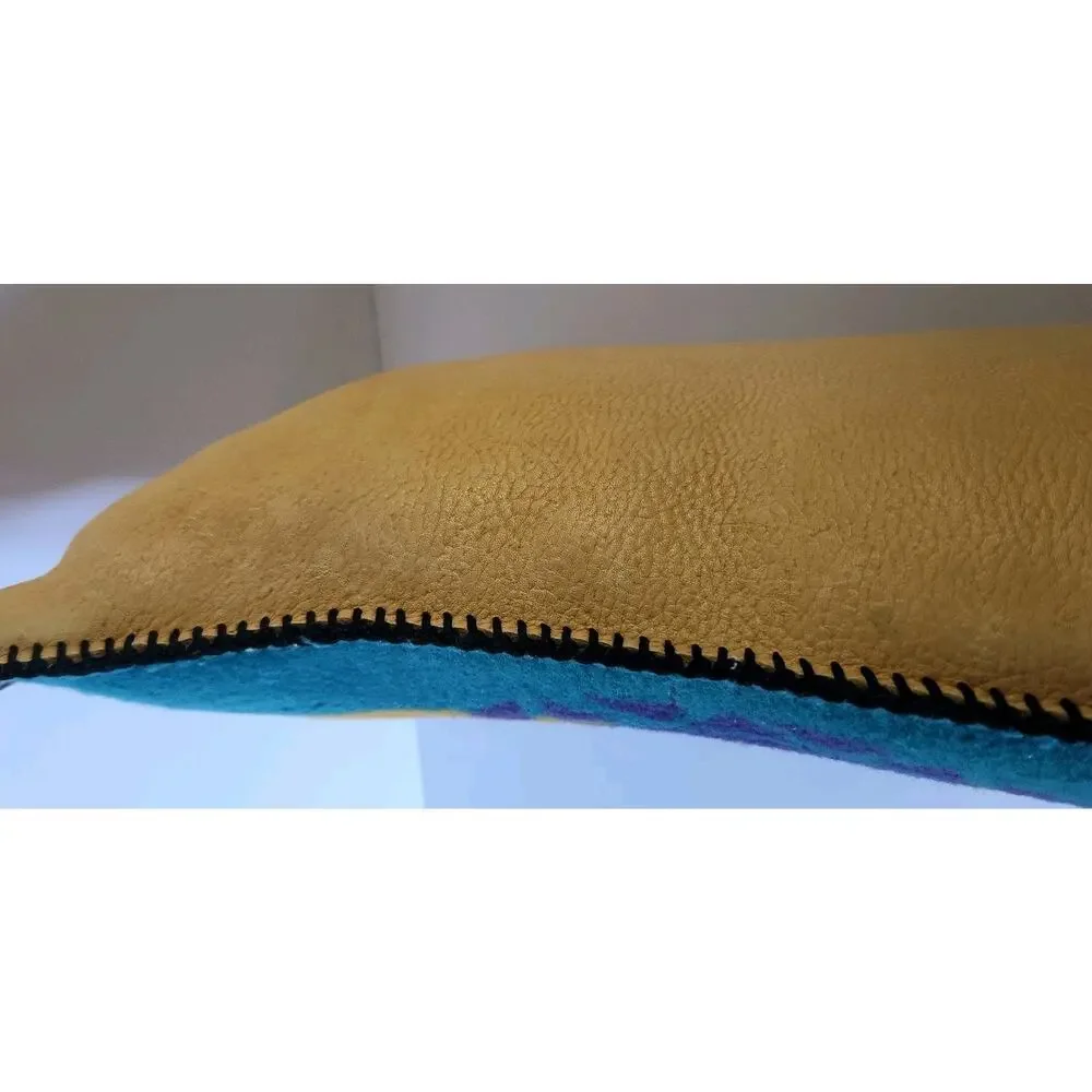 Vintage 70s Artisan Wool Leather Folk Art Tribal Boho Hand Stitched Pillow 20x15